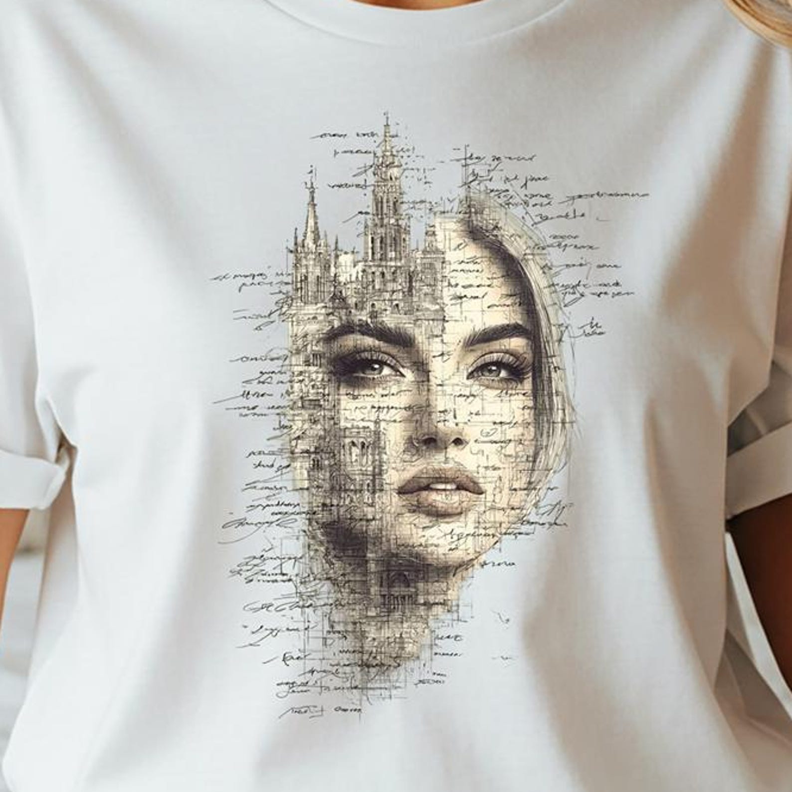 Art Face T-Shirt, Vintage Sketch Portrait, Architectural Woman Print 2XL
