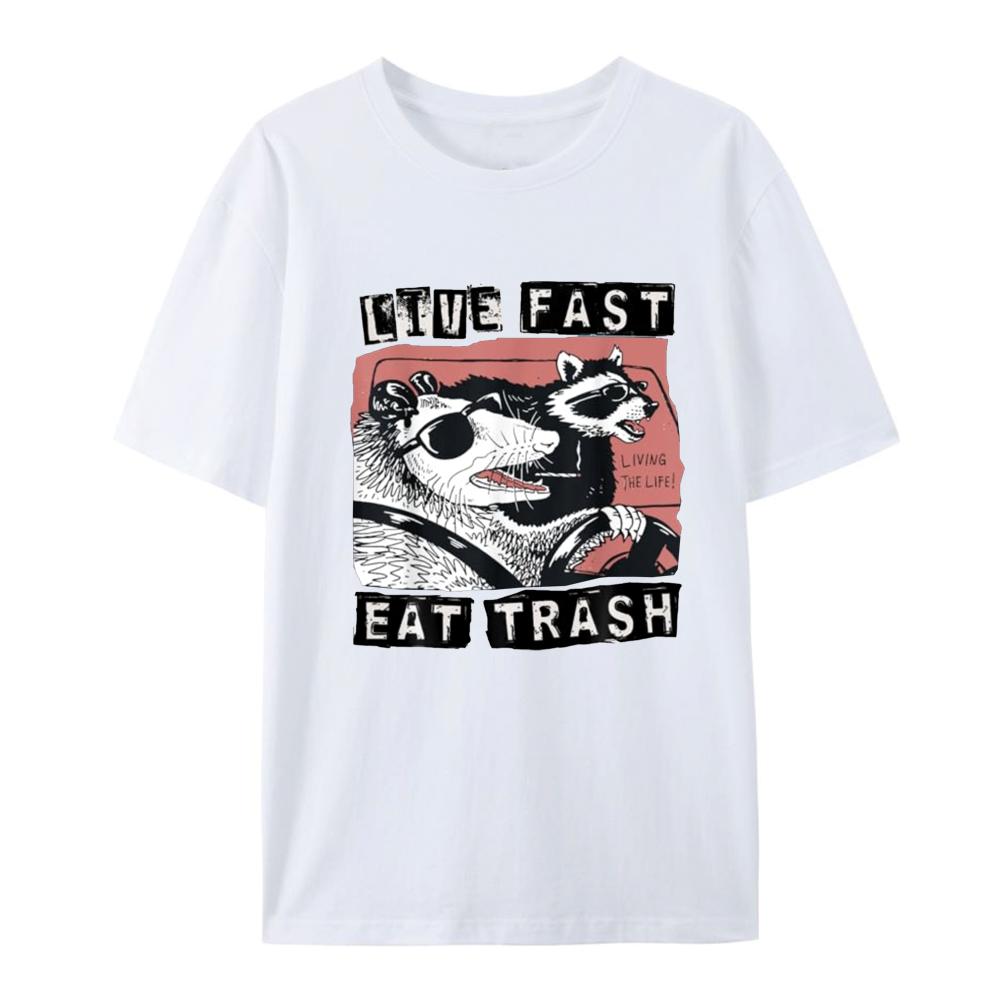 

Fashion Funny Possum Raccoon Live Fast Eat Trash Street Cats Squad T-Shirt Amazing Quality Top Casual Hip Hop tees 62483 4XL