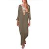 Women’s Printed Long Sleeve U-neck Maxi Dress Split Hem Baggy Kaftan Long Dress