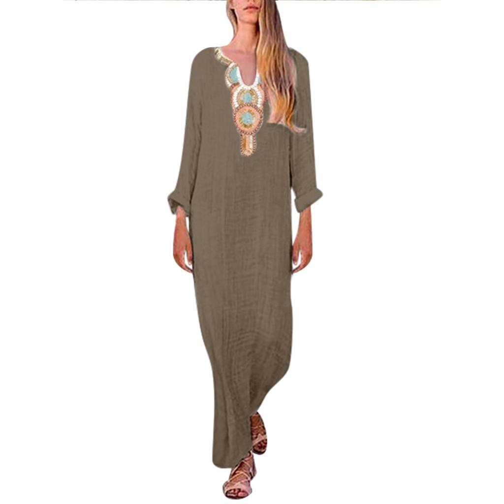 Women’s Printed Long Sleeve U-neck Maxi Dress Split Hem Baggy Kaftan Long Dress