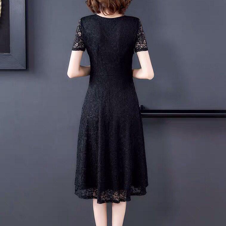 Sexy Lace Dress Women's Short Sleeve Summer Mid Length Dress Ladies Style Slim Dress Solid Color Casual Dress