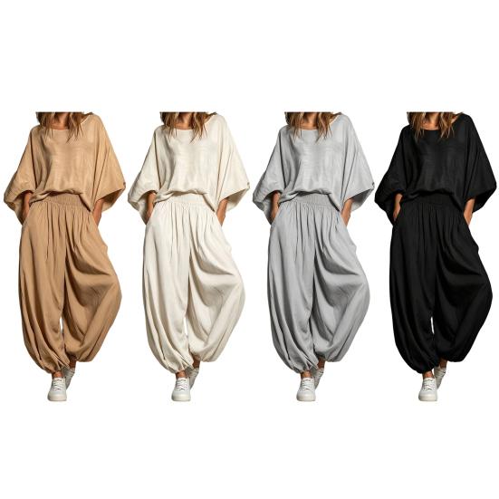 Completo da Donna Due Pezzi Set da Donna 2 Pezzi, Top Largo Girocollo Manica a Pipistrello e Pantaloni a Lanterna, Abbigliamento Estivo per Viaggi Vacanze con Tasche