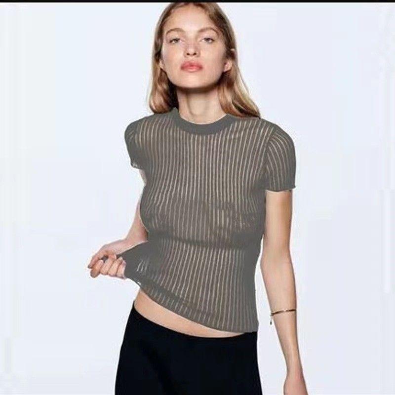 

Western Style Thin Short sleeve round Neck Breathable Knitted Women s Top Thin Perspective Knit Top Shallow khakis L
