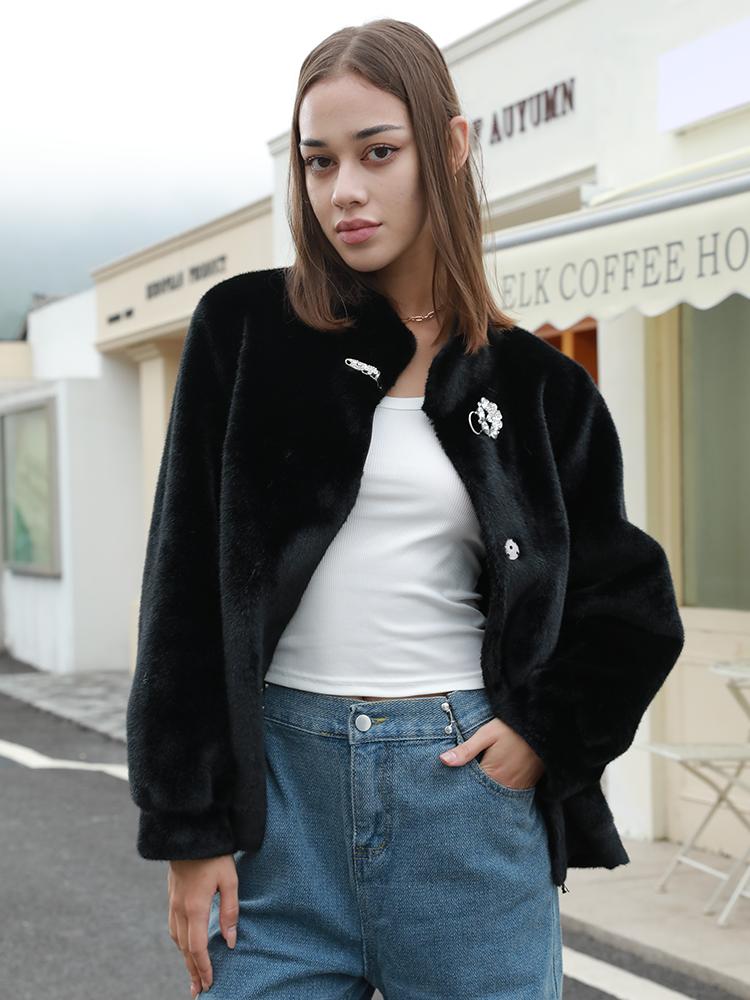 Damenjacke aus künstlichem Nerzfell, Kurze Herbst- und Winterfelljacke, Umweltfreundliches Fell, Winddicht und kältebeständig