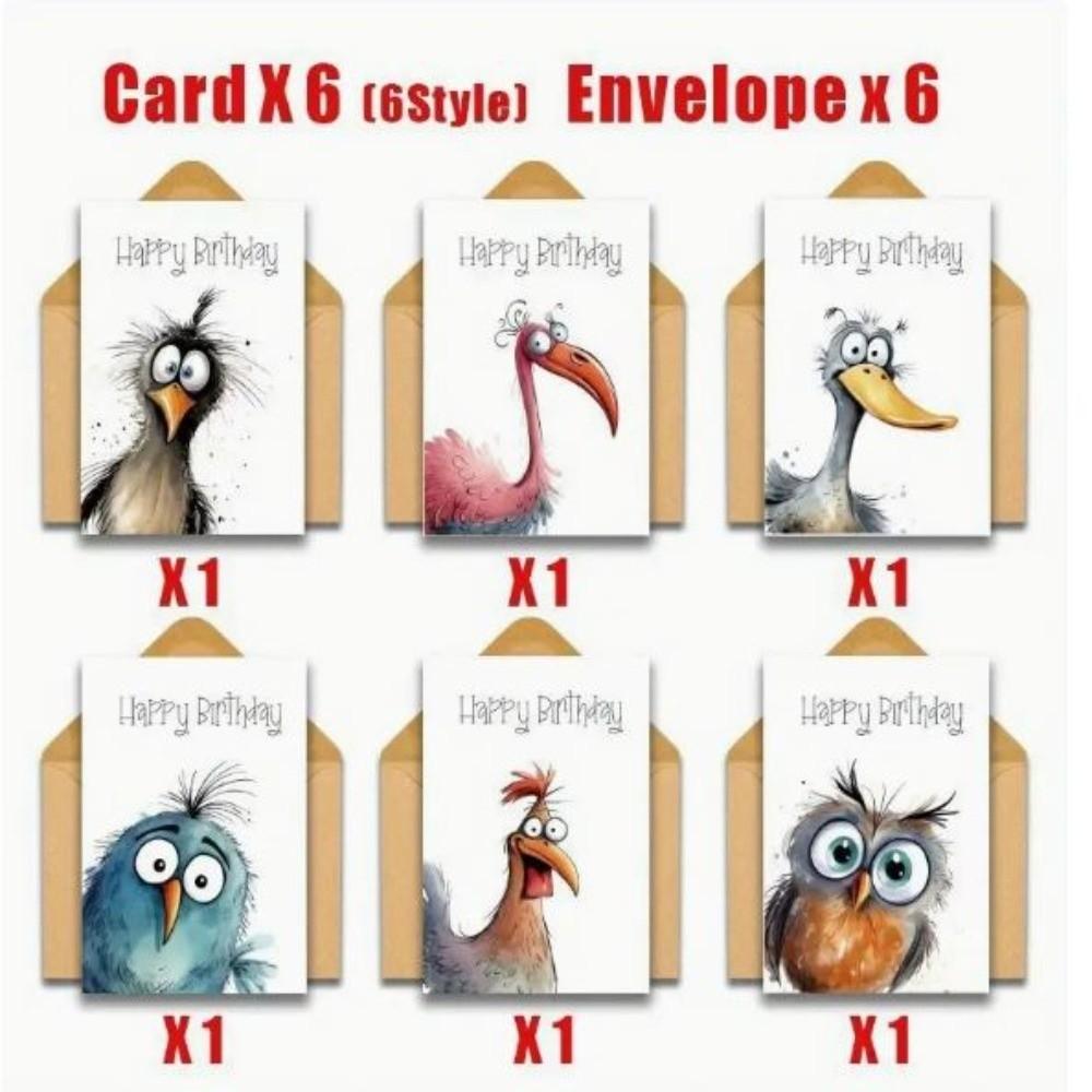 

6/12 pcs Funny Expressions Watercolor Bird Cards Handwritten Style Watercolor Design Greeting Cards Blank Page With Envelopes