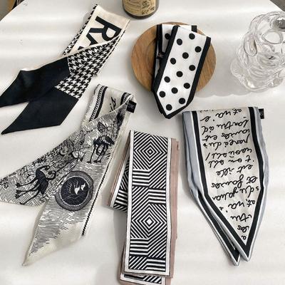 Lady Long Skinny Silk Scarf Hairband Neck Tie Design Print Luxury Brand Hair Hoop Accessories Cool Girl Scarves Summer 2021