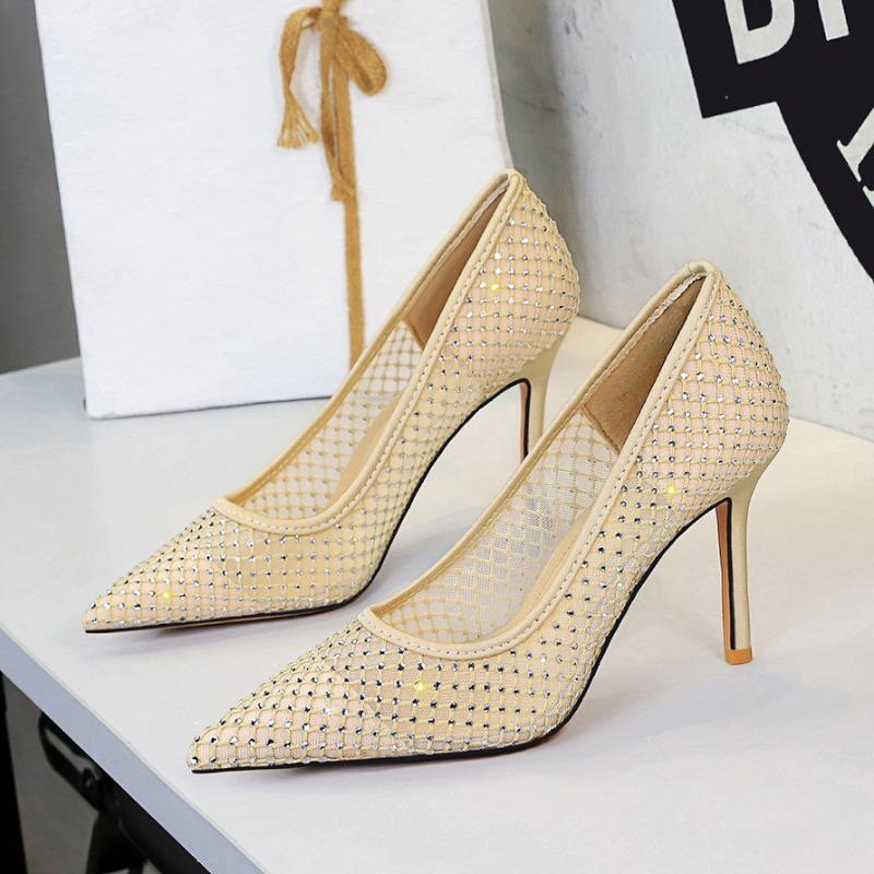 Women'S Pumps And Heels Rhinestone Mesh High Heels For Women Pointed Toe Light Luxury Dress Wedding Shoes Stiletto Single Shoes