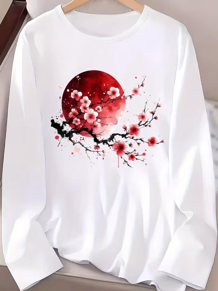 

(Asian Size) watercolor flower cute Fashion Print T Shirt autumn winter spring Casual Tee Women Clothing Top o-neck Graphic Long Sleeve T-shirts S