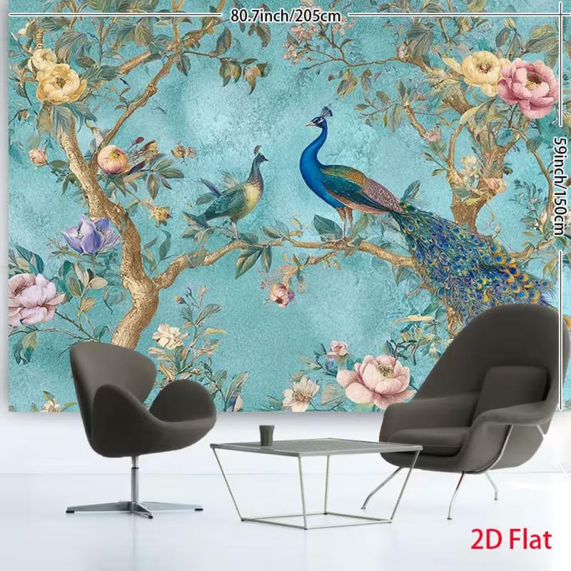 2D Chinoiserie Peacock Flower Backdrop Living Room Banner