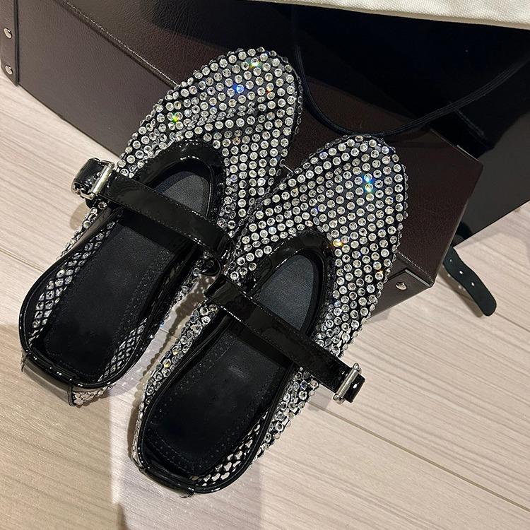Haute couture version~ niche temperament hollow rhinestone ballet shoes 2025 new women's versatile one-word buckle shallow mouth single shoes