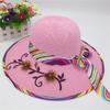 Decoração de Laço de Fita Chapéu de Sol com Costura de Flores Dobrável Aba Larga Flexível Chapéu de Palha Acessórios de Fantasia