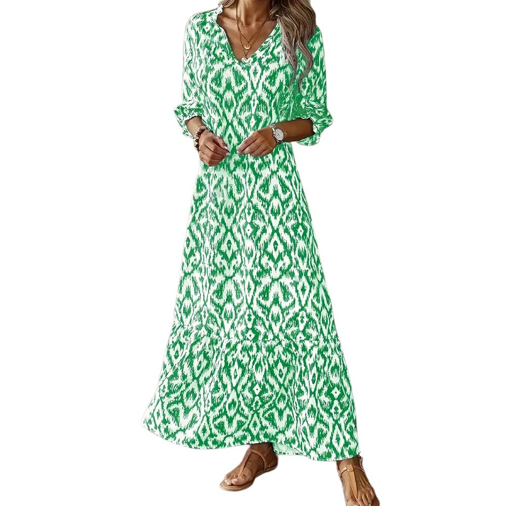Women's Bohemian 3/4 Sleeve V-Neck Printed Maxi Dress