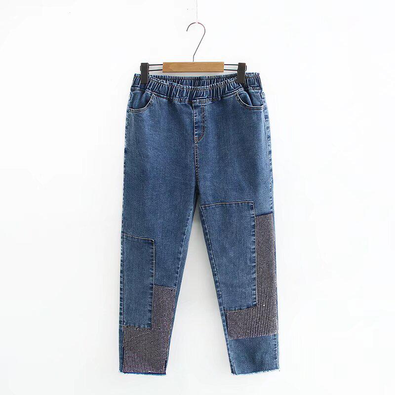 

Spring 2022 Plus Size High Waist Rhinestone Embellished Denim Cropped Pants for Women 3XL синій