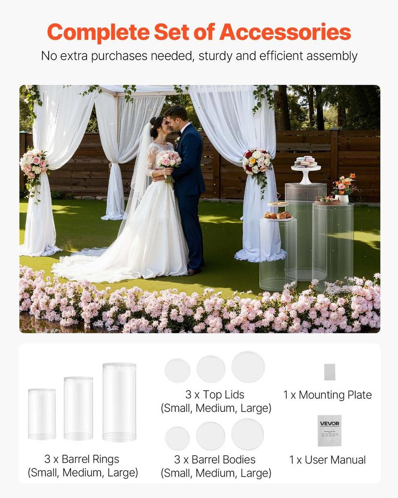 Wedding Flower Stand, 3PCS 60/75/90cm Round Cylinder Plinth, Clear Pedestal Stand with Transparent Acrylic Lid, Cylindrical Pedestal Stands for