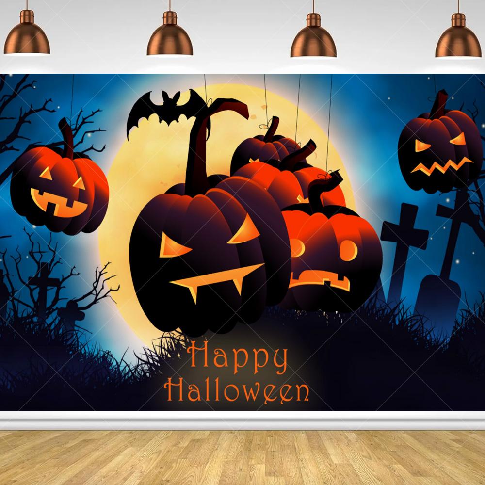Halloween Horror Night Party Family Gathering Pumpkin Lantern Evil Witch Black Castle Cemetery Forest Background Cloth backdrop