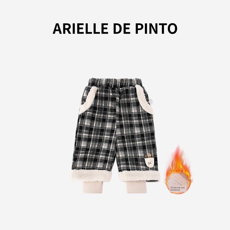 French Arielle De Pinto Girls Fleece-Lined Pants Winter Style Faux Two-Piece Fleece-Lined Casual Plaid Straight-Leg Pants Gray and White Plaid Pants 90