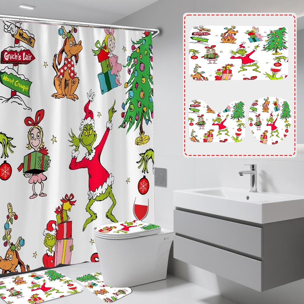 Anime Character Peripheral Printed Shower Curtain Floor Mat Four Piece Set, Home Bathroom Dry Wet Separation Partition Shower Curtain  Shower Curtain