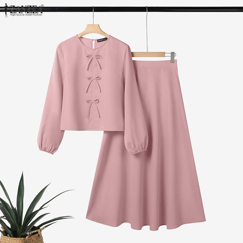 

ZANZEA Two Piece Suit Sets Women Long Sleeve Bow Knot Blouse and Short Skirts 2PCS Outfits S рожевий