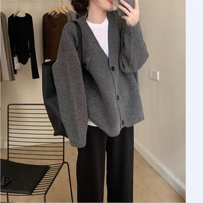 Einfache einfarbige Strickjacke für Damen, Herbst und Winter, neuer lockerer lässiger Strickcardigan-Top