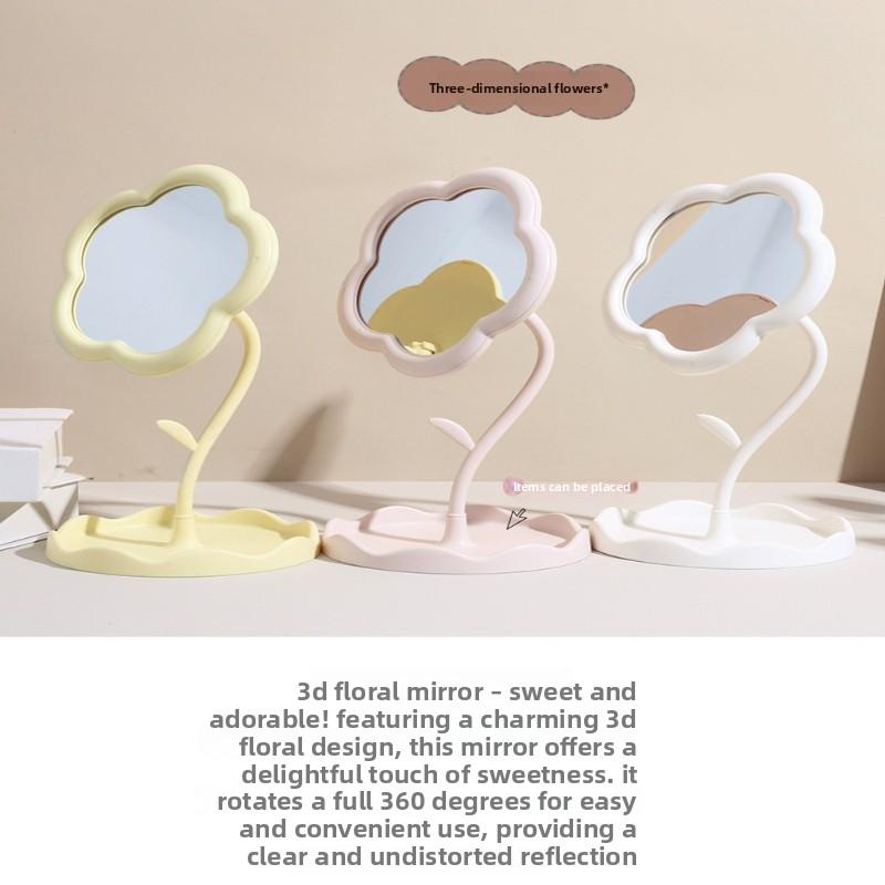 1pc Cream Flower Desktop Makeup Mirror High Definition RotatableDressing Table Mirror for Office Student Dormitory