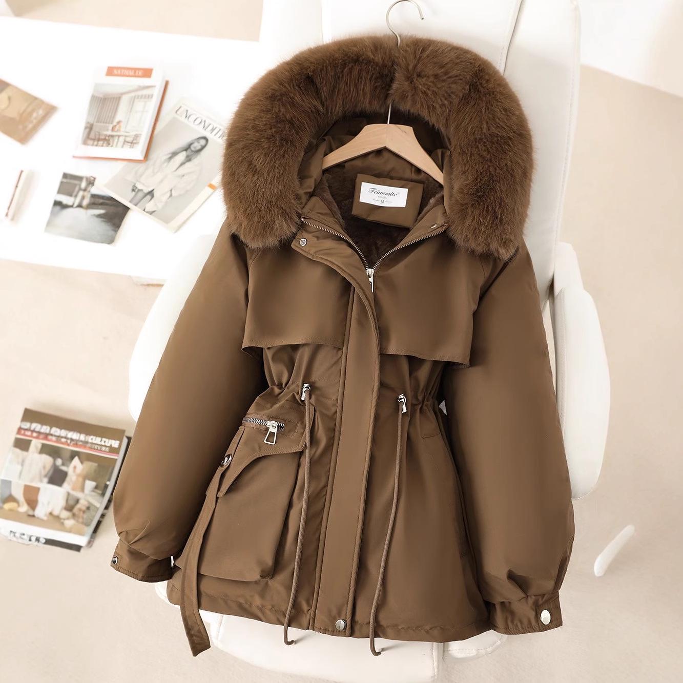 

Жіноча парка в корейському стилі з хутряним коміром: 2024 Бавовняна куртка з капюшоном, підкладкою з флісу, що підкреслює талію, для осені та зими M