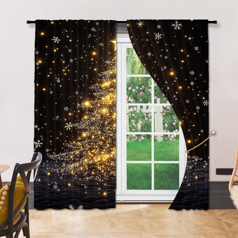 Set aus 2 Goldfarbenen Weihnachtsbäume Druck Vorhängen Stangenloch Design Einfaches Aufhängen Perfekt Wohnzimmer Schlafzimmer Büro Polyester Hausgemacht Großes Fenster