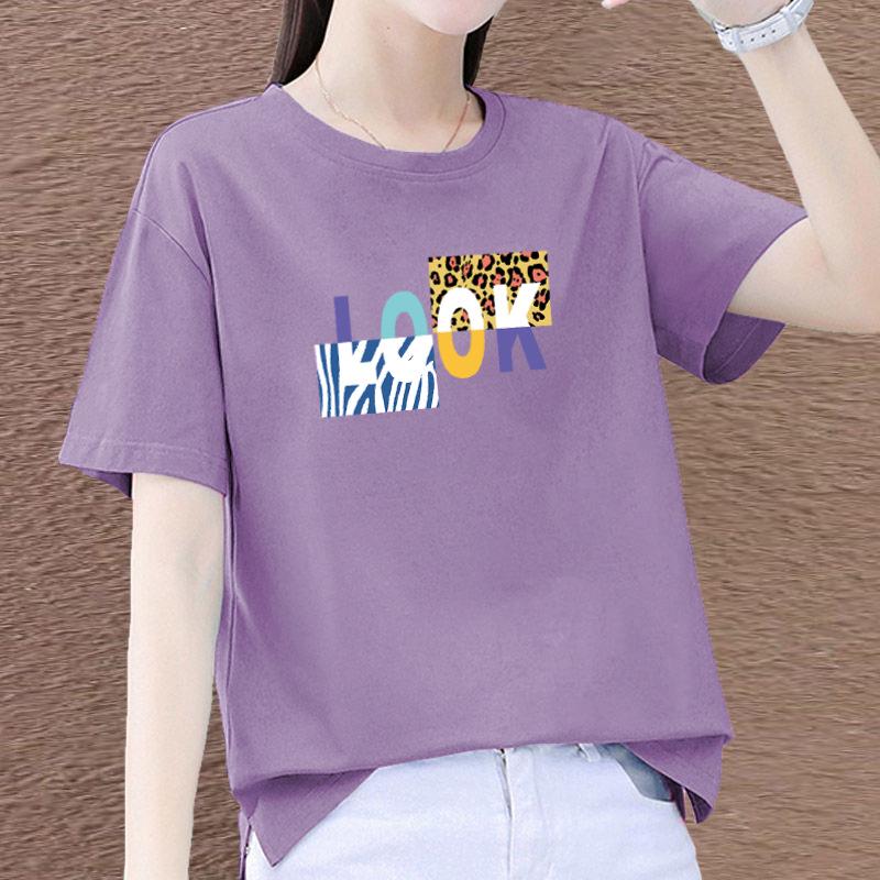 

2025 Женская футболка из чистого хлопка с коротким рукавом свободного кроя - Летний топ с круглым вырезом в корейском стиле для женщин среднего возраста 3XL (130-140 jin recommended)