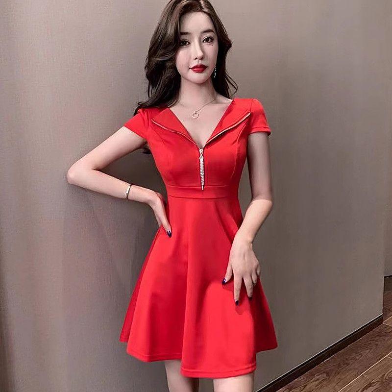 

Модное платье женское 2023 летнее платье новинка благородная леди элегантное стройнящее облегающее талию V-образный вырез ретро стиль модная А-силуэтная юбка мода Red L (47.50 kg-52.50 kg