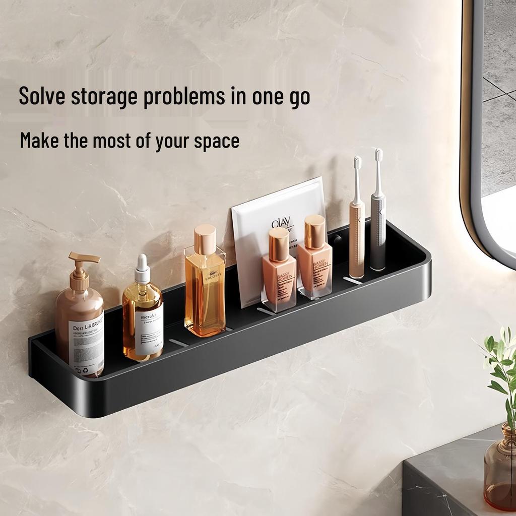 Black Space-Saving Aluminum Wall Shelf & Towel Rack - No Drilling Needed