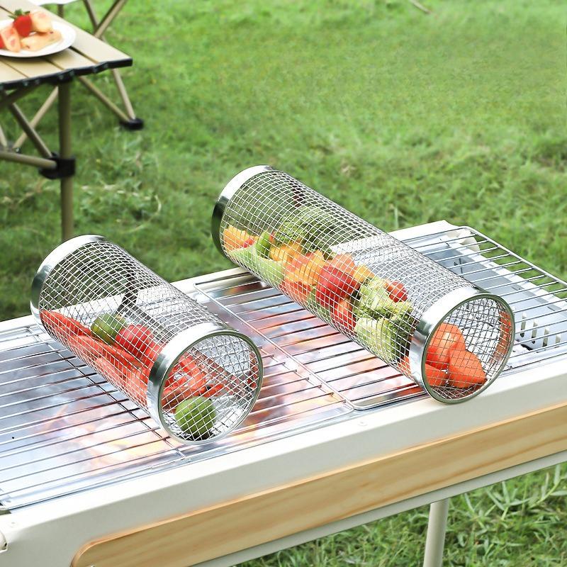 BBQ Grill Basket Rolling Portable Stainless Steel Barbecue Cages Basket Camping Picnic for Cookware Outdoor Round Grill Baske