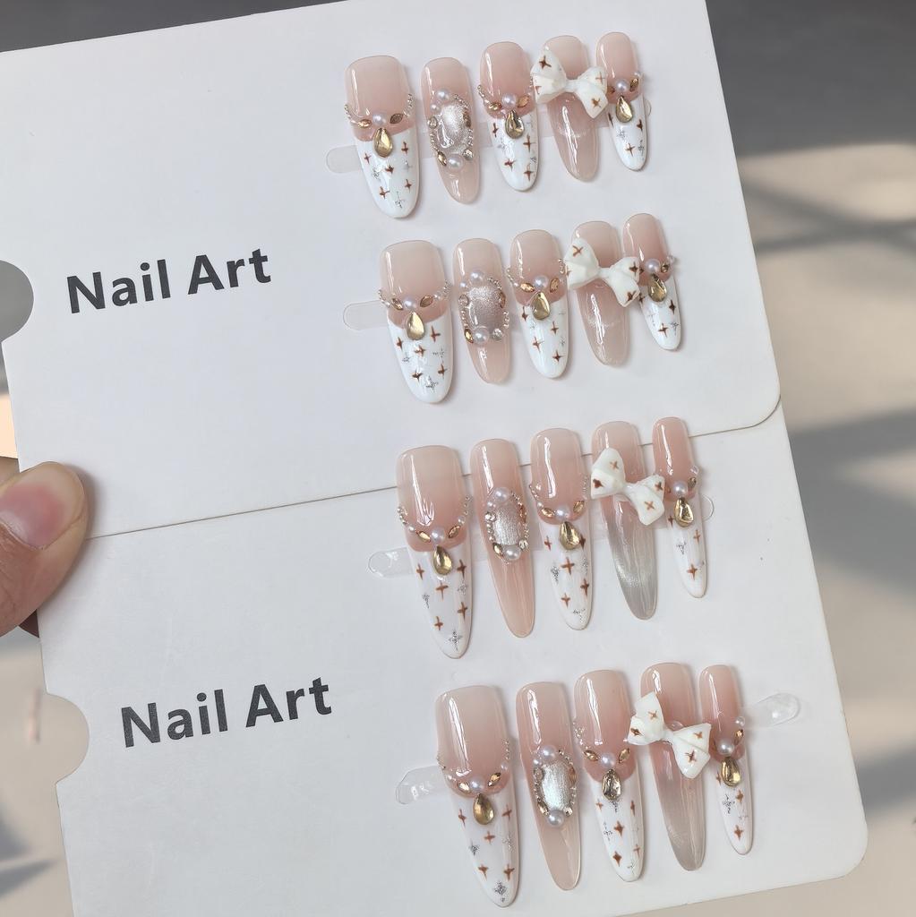 Purely handmade wearing nail small fragrant wind pure desire wind long white nail piece finished nail patch flash handmade nail