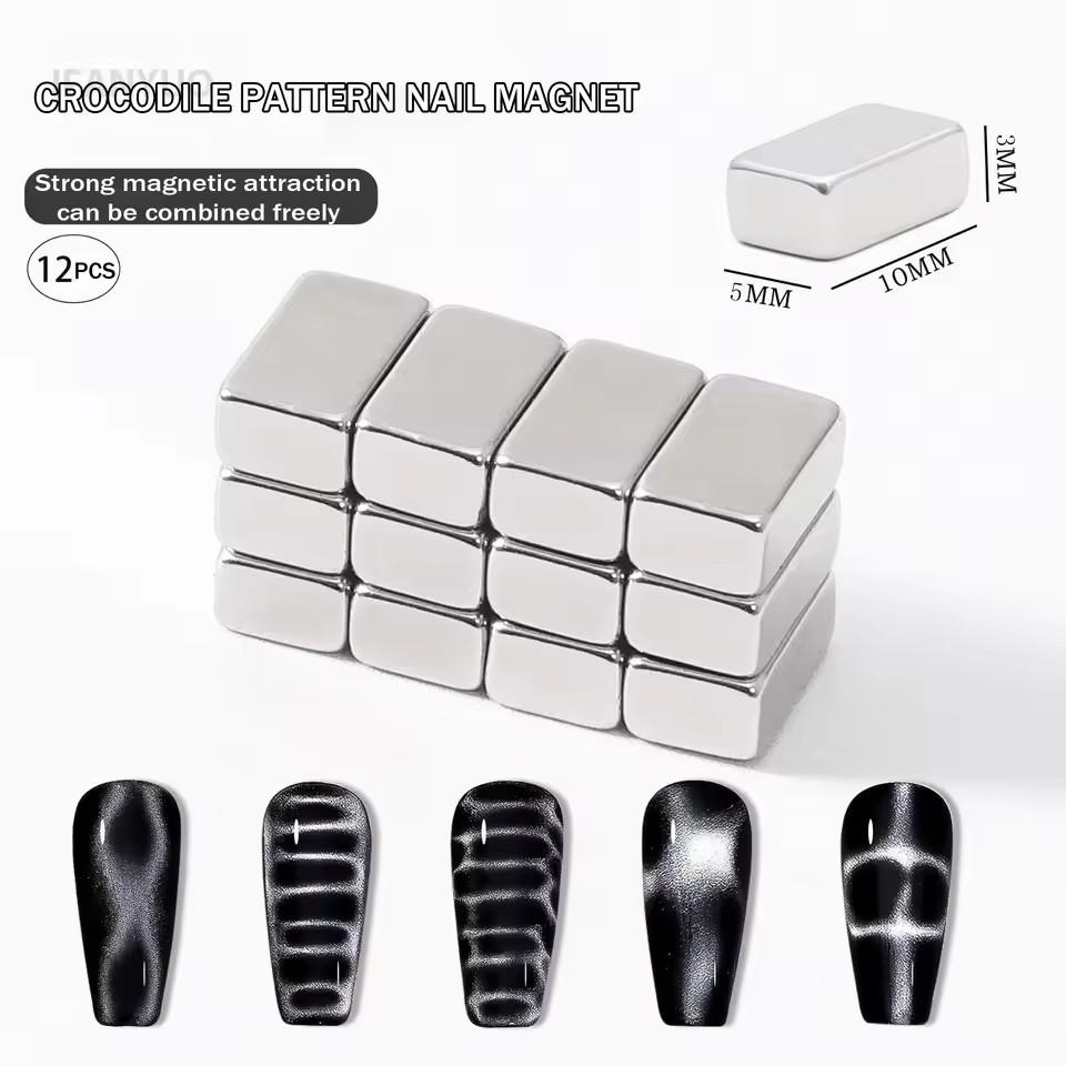 12Pcs Crocodile Pattern Nail Magnet Nail Art Cat Eye Snake Light Beige Wave Geometric UV Attraction Magnets Set Manicure Tool