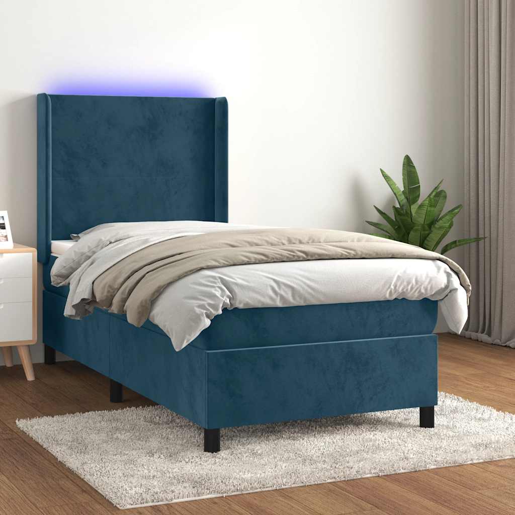 Box Spring Bed with Mattress & LED Dark Blue 100x200 cm Velvet