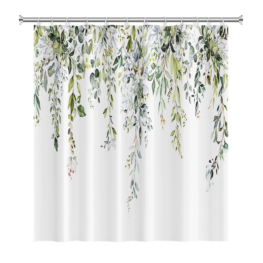 Tropical Greenery Leaf Shower Curtain Tulip Bathroom Curtain Romantic Refreshing Curtain Polyester Waterproof Bathroom Shower