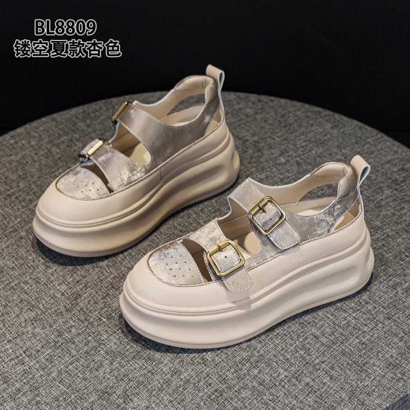 Baotou retro sandals summer new leather muffin thick-soled small hollow casual shoes 34 серый