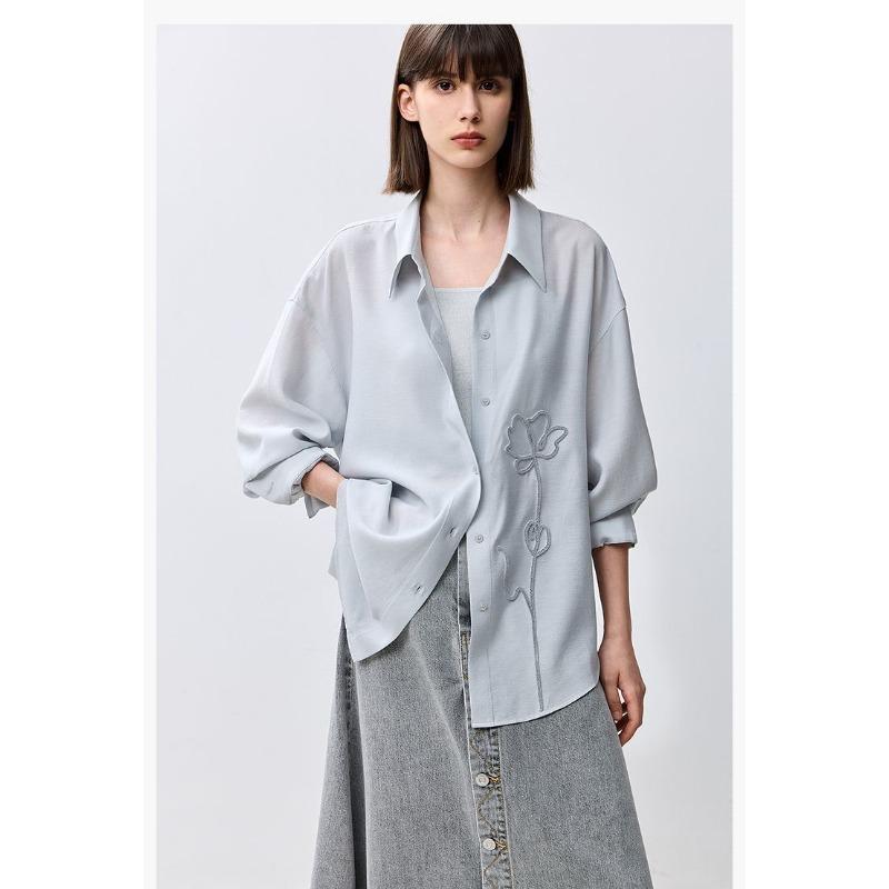Solid Color Button Long Sleeve Cardigan Women's Spring and Autumn Shirt Flower Embroidered Top