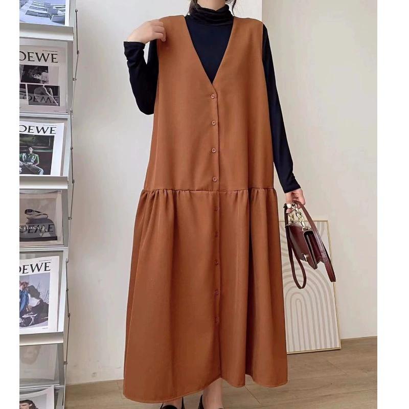 Großes ärmelloses einreihiges Westenkleid mit V-Ausschnitt für Damen, lässiges Patchwork-Kleid