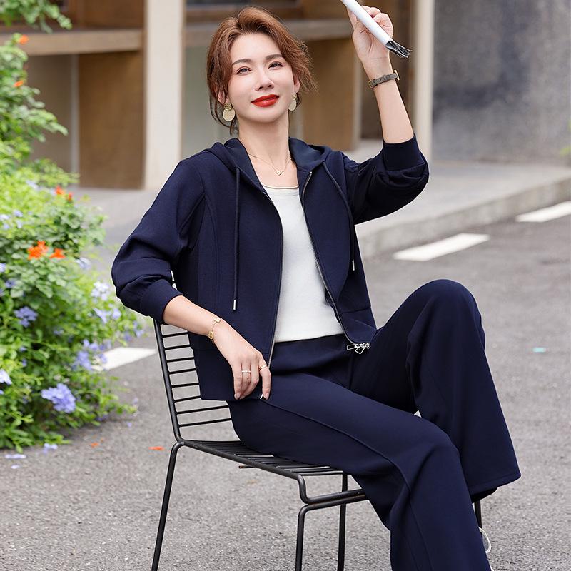 

2025 Fall/Winter Hooded Casual Jacket & Elastic Waist Pants Set for Middle-Aged Women 2XL (115-125 lbs) темно-синього кольору