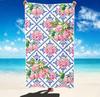 Mediterranean Lemon Print Beach Towel, Microfiber Large Sand Free Quick Dry, Blue Tile Pattern, Soft Absorbent Beach Towel