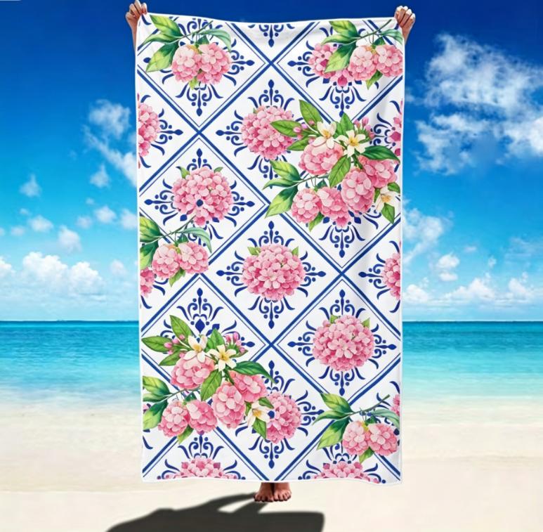 Mediterranean Lemon Print Beach Towel, Microfiber Large Sand Free Quick Dry, Blue Tile Pattern, Soft Absorbent Beach Towel