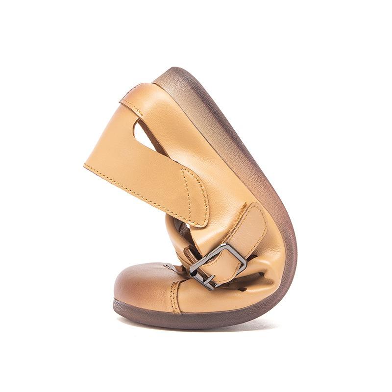 Summer New Flat Heel Beef Tendon Soft Sole Mother Sandals Hollow Breathable First Layer Cowhide Retro Hole Women's Shoes