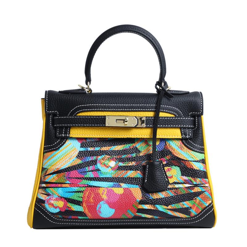 Neue Mode Vielseitige Bedruckte Graffiti Kelly Tasche Echtes Leder Cartoon Kontrastfarbe Erste Schicht Rindsleder Ein Schulter Crossbody Handtasche