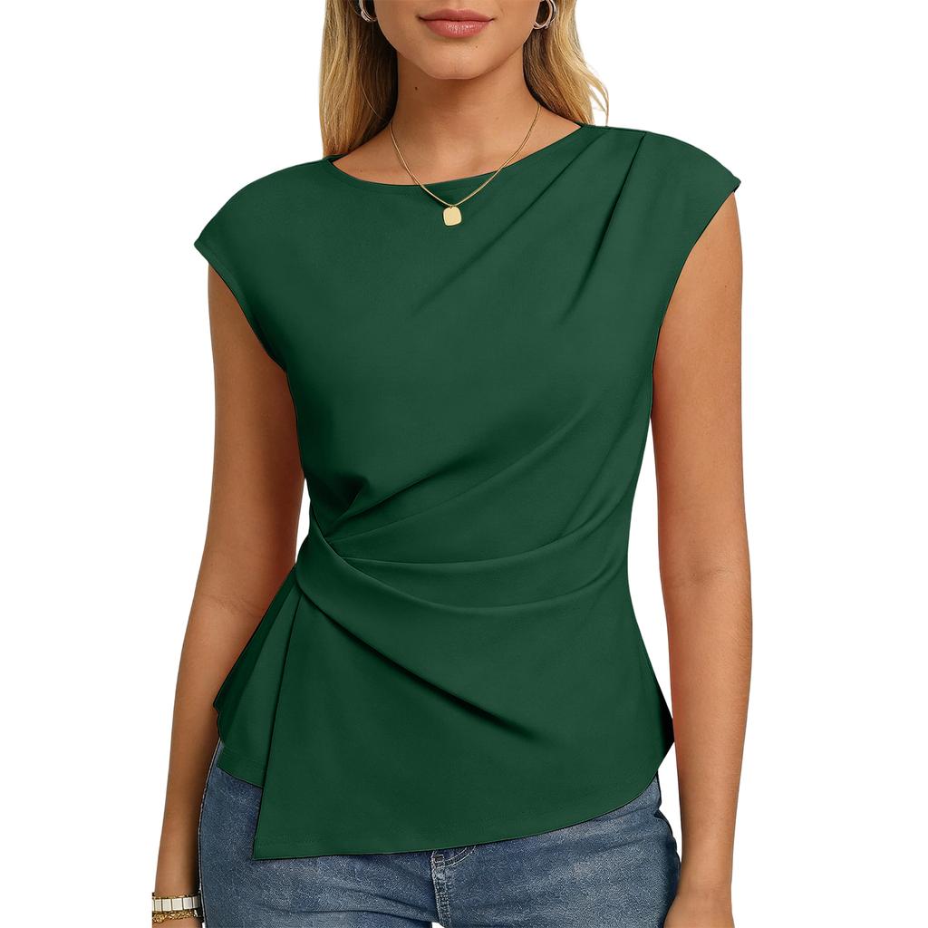 Lässiges Damen-Top, einfarbig, plissiert, Rundhalsausschnitt, Kurzarm