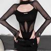 European and American Style Summer New Women's Clothing Solid Color Slim Street Fashion Round Neck Long Sleeve Mesh Onesie