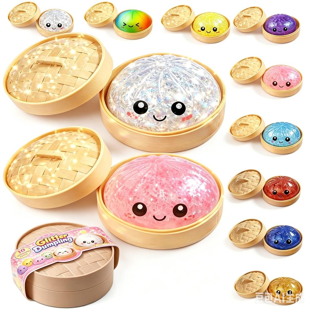 New Glitter Colorful Dumpling Stress Relief Balls Fidget Sensory Toy Simulation Food Sensory Squeeze Bun With Steamer Blind Box