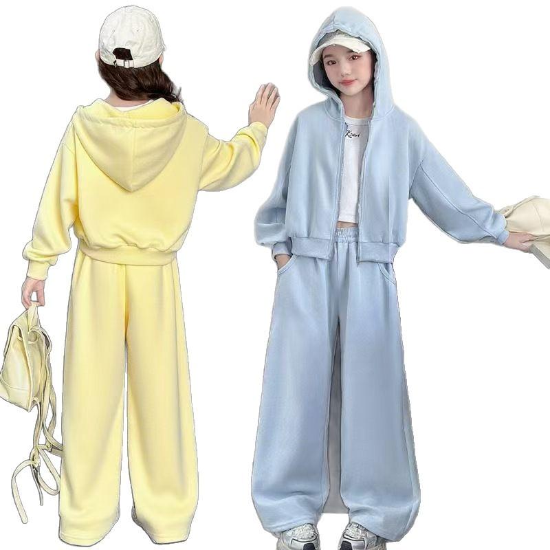 Girls Spring Clothes Set Teenage Hoodied Pullover Top + Pants Autumn Bottom 2pcs Kid Solid Tracksuits