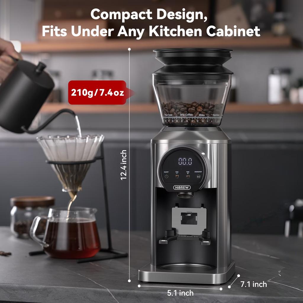 HIBREW G3plus Coffee Grinder, 31-Level Conical Burr Grinder, Titanium-Coated Steel Burr, Plasma Anti-Static System, 1-60s Touchscreen Timer, 210g