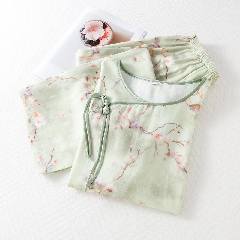 Women's Bamboo Cotton Gauze Seven-Sleeve Pajamas, Spring/Summer Chinese Style Homewear Set