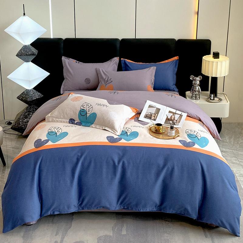 Set din patru piese din bumbac îngroșat și abradat, husă de pilota cu imprimeu, din bumbac pur, de lux, ușoară, cu abraziune, set de cearșaf de pat 4 piese