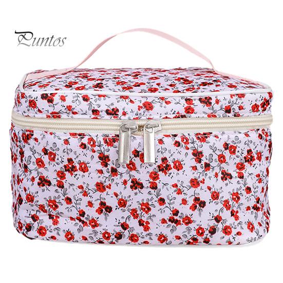 

Косметичка с цветочным узором, большая вместимость, двойная гладкая молния, легко чистящийся складной органайзер для макияжа красный
